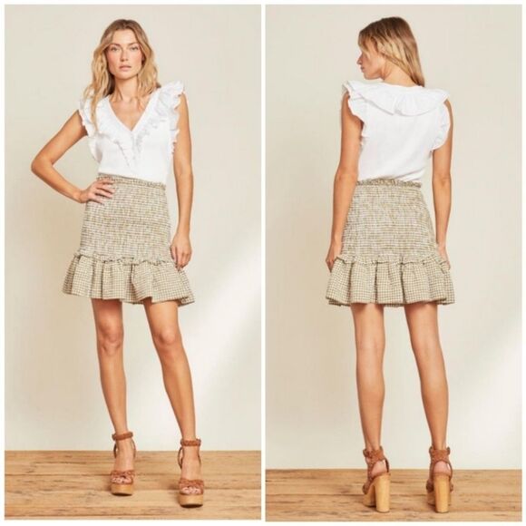 Veronica Beard Aloya Stretch Cotton Gingham Smocked Ruffle Hem Mini Skirt M NWT - Picture 1 of 6